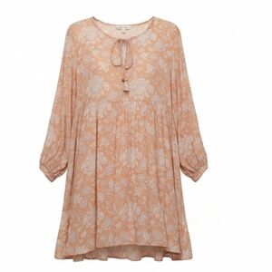 Women’s Peach Floral Tie-Neck Babydoll Dress